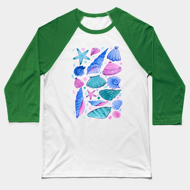 Shells watercolor hand drawn Baseball T-Shirt by Mako Design 